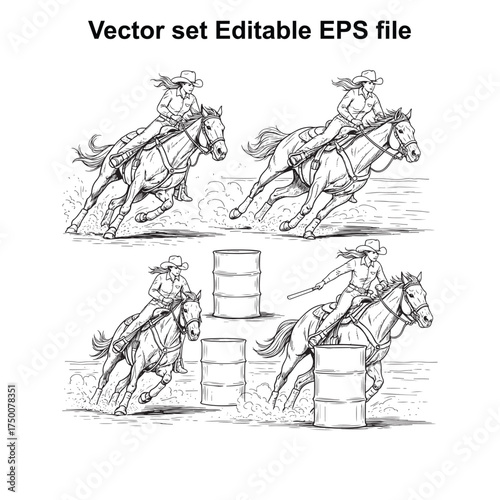 Vector art of set of four handdrawn illustrations of cowgirls riding horses in a rodeo