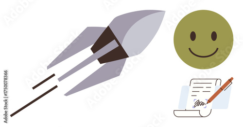 Rocket launching with motion lines, green happy face symbolizing satisfaction, and signed document representing official agreement. Ideal for innovation, success, agreement, productivity, positivity