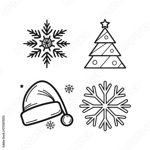 Festive christmas icons featuring snowflakes santa hat and tree outline isolated on transparent background