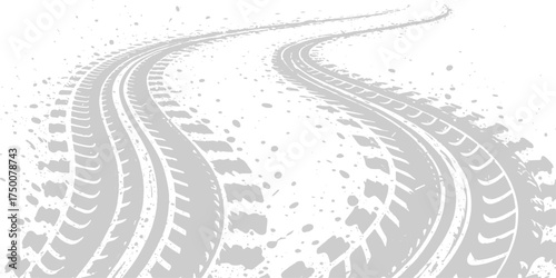 Abstract, winding tire track backgrounds trace a path across road and snow, suggesting high speed on the asphalt way