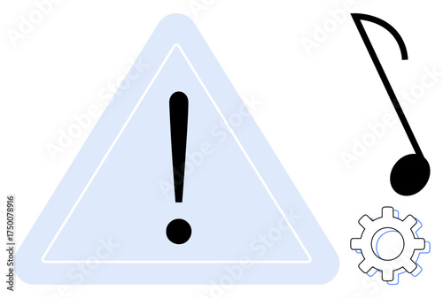 Exclamation mark in a blue warning triangle with a music note and gear symbolizing alerts, system harmony, caution, creativity, problem-solving, technology, and adaptability. A simple flat metaphor