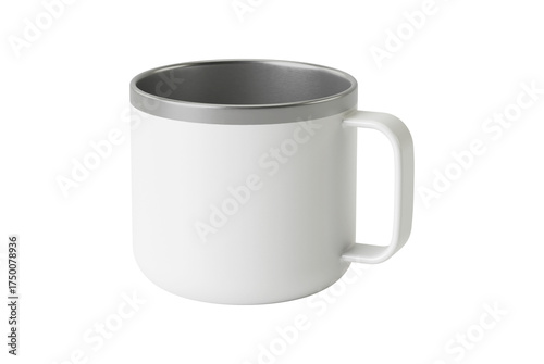 Realistic Metal Mug Mockup with Reflective Stainless Steel Surface, Isolated on White Background, Perfect for Branding, Logo Display, Coffee Shop, Beverage Packaging, and Product Presentation