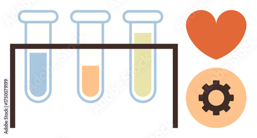 Three test tubes on a stand with liquid of varying colors, alongside a heart shape and a gear. Ideal for chemistry, science, innovation, technology, medical research, health love for STEM. Simple