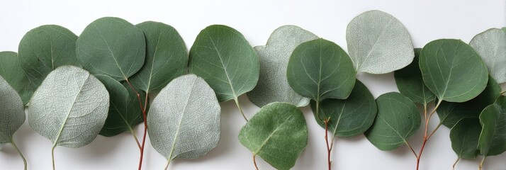 A cluster of round green and gray eucalyptus leaves with reddish-brown stems on a white backdrop