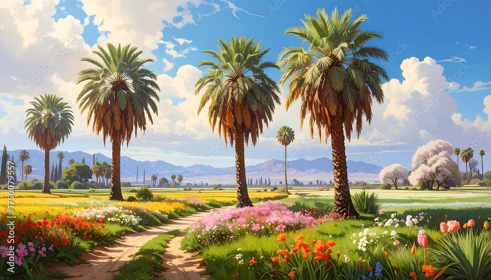 Fototapeta premium Scenic Pathway Through Colorful Meadow with Palm Trees.