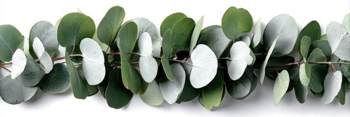 Close-up of eucalyptus garland with varied green and silver-green leaves, on white