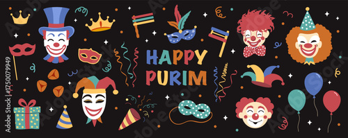 Happy Purim Jewish Holiday stickers. traditional Purim carnival symbols  design icon set for greeting card. 
