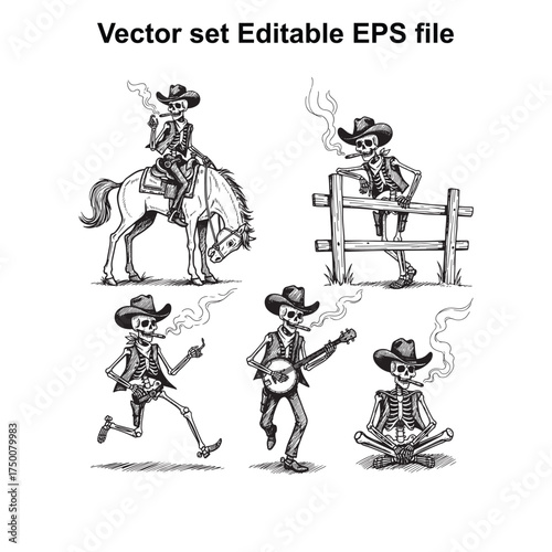 Vector art of skeleton cowboys in various poses, playing music, riding horse, smoking, western theme, day of the dead