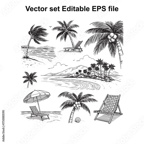 Vector art of tropical beach scene with palm trees, ocean waves, beach chairs, and umbrella, vacation, relaxation