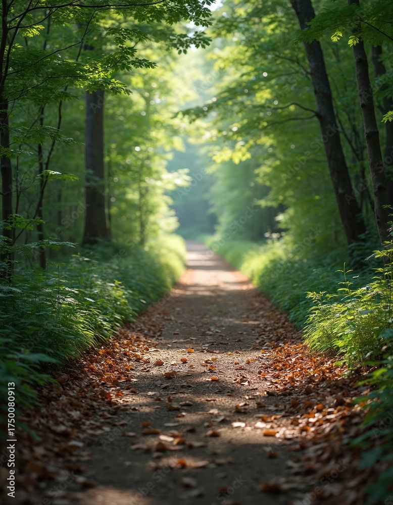 Obraz premium Peaceful forest path winds through tall green trees. Sunlight shines down, creating bright spots on ground, plants. Brown fallen leaves cover trail. Serene woodland invites nature walk, relaxation,