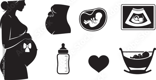 Collection of silhouette graphics representing pregnancy baby ultrasound bottle heart and bassinet vector