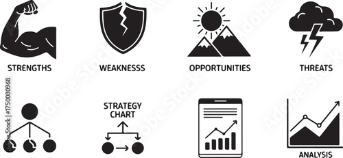 Hand drawn business icons strength resilience uncertainty storm strategy charts analytics vector