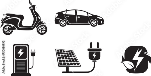 Clean modern icons representing electric vehicles charging stations solar power sustainable mobility vector