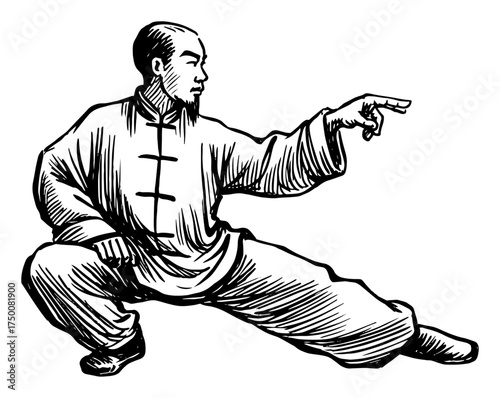 Tai Chi Master in Low Stance Gesture – dynamic Chinese martial arts hand‑drawn vector illustration