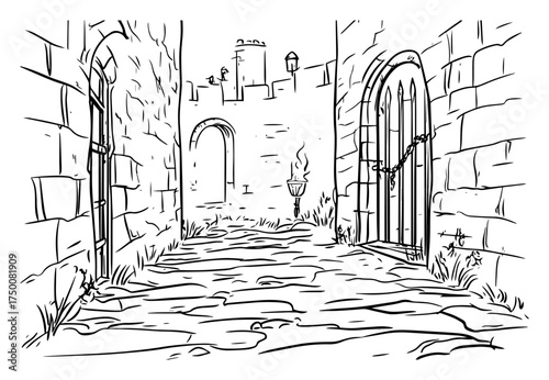 Medieval Castle Alley with Iron Gates – detailed hand‑drawn old stone street perspective vector sketch