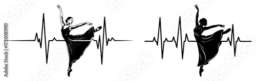 Heartbeat Line with Dancing Woman Silhouette – love for dance electrocardiogram vector illustration
