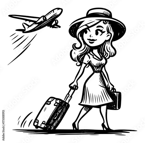 Stylish Female Traveler with Suitcase and Airplane – retro hand‑drawn jet set tourist walking vector illustration