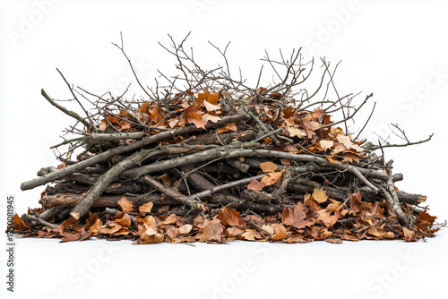 Pile of dry branches and autumn leaves on a white background, natural organic material concept for compost or garden waste.