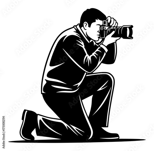 Kneeling Photographer Taking Picture with DSLR – professional camera man vector illustration