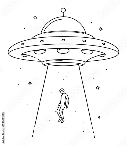UFO Abducting Human with Tractor Beam – minimalist flying saucer continuous line vector illustration