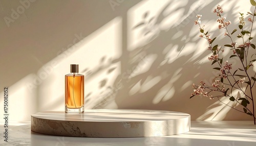 Elegant Amber Perfume Bottle on Marble Pedestal with Soft Sunlight and Floral Shadows
