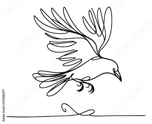 Flying Bird Continuous Line Drawing – minimalist dove symbol vector illustration
