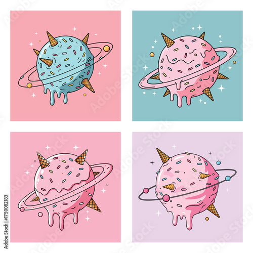 Ice Cream Planet Vector Bundle Illustration — Cosmic Dessert Fantasy Cartoon Design