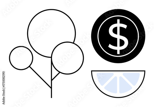 Abstract tree with round branches, bold dollar coin, and a half lemon slice. Ideal for growth, finance, economy, farming, sustainability innovation health. A simple flat metaphor