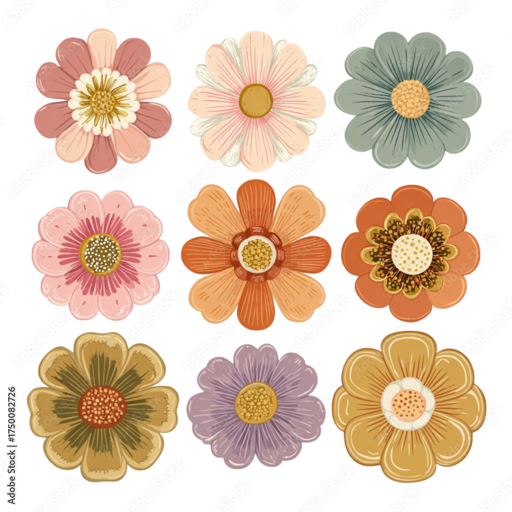Fototapeta premium Collection of nine colorful vintage style illustrated flowers.