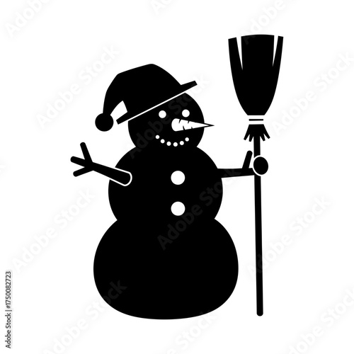 Black silhouette of a happy snowman wearing a hat and holding a broom