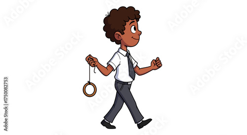 Young boy in formal attire walking with a yo yo toy