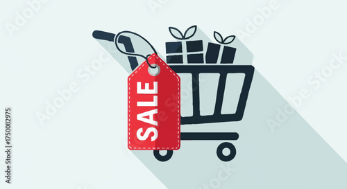 Shopping cart filled with gifts and a red sale tag, symbolizing discounts and savings