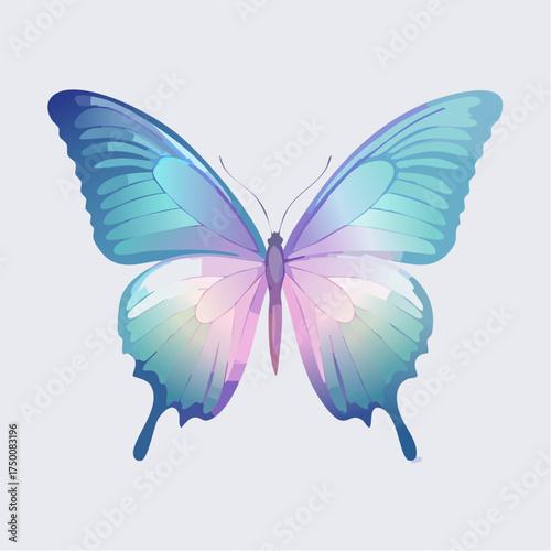 A beautiful watercolor illustration of a butterfly with iridescent wings, showcasing a delicate blend of pastel blues, purples, and pinks, on a neutral background, perfect for design projects
