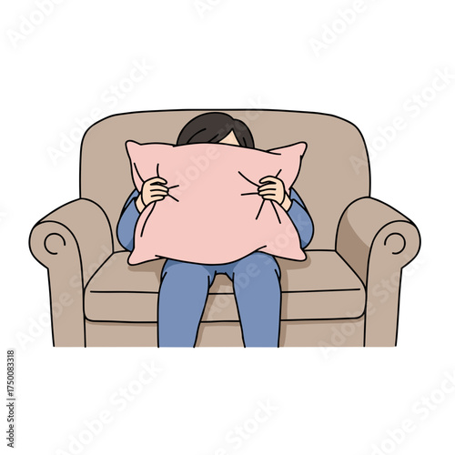 Person hiding behind pink pillow while sitting on sofa indoors  
