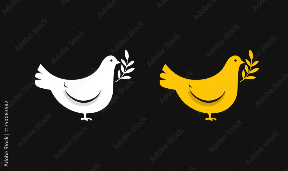 Fototapeta premium White and yellow doves of peace holding olive branches.