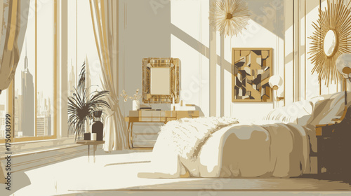 Art deco luxurious bedroom with designer furniture and decoration