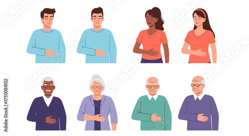 A diverse group of people of various ages and ethnicities holding their stomachs.
