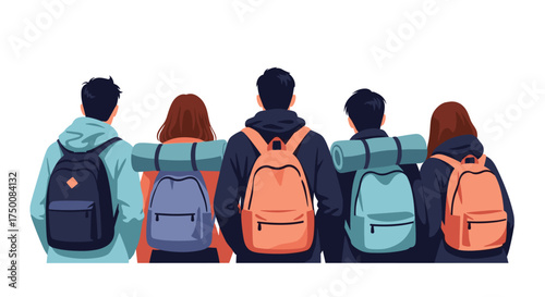A group of diverse friends ready for an exciting outdoor adventure together with their backpacks and sleeping bags.