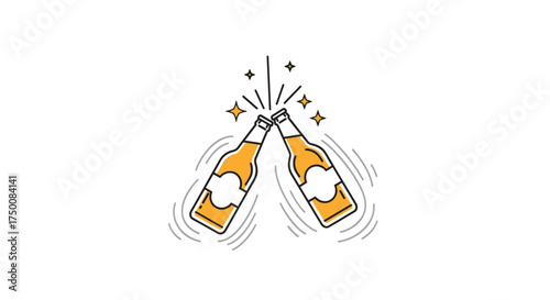 Two golden bottles clinking together in a toast with sparkles overhead.
