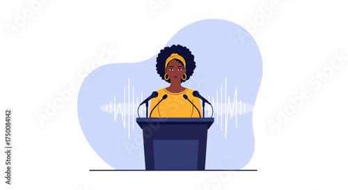 A confident woman delivers a powerful speech at the podium in front of an audience.