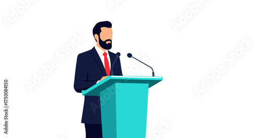 A businessman in a suit stands behind a podium and speaks into a microphone for a presentation.