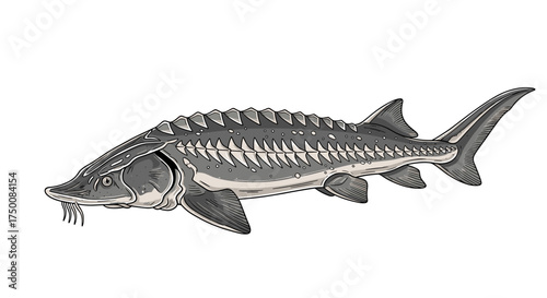 An ancient fish species with bony plates and barbels found in rivers and seas.