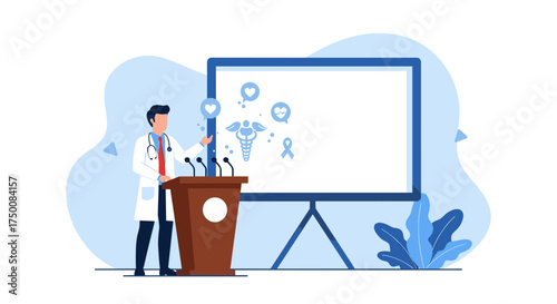 Doctor presenting medical information at a conference with a large screen for visuals.