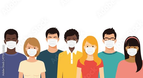 A diverse group of people wearing face masks to protect against illness.