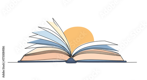 An open book with pages fanning out and a sun peeking from behind it symbolizing new beginnings and knowledge gained.