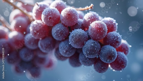 Wallpaper Mural Frozen grapes cluster on vine. Tiny ice crystals cover purple berries. Cold weather phenomenon creates beautiful natural texture. Water droplets gleam. Torontodigital.ca