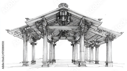 Architectural pencil sketch of a traditional Asian wooden pavilion.