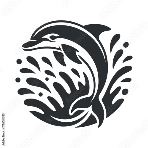 Dolphin Splash Circle Icon: Marine Mammal Swimming Graphic Design on Grid