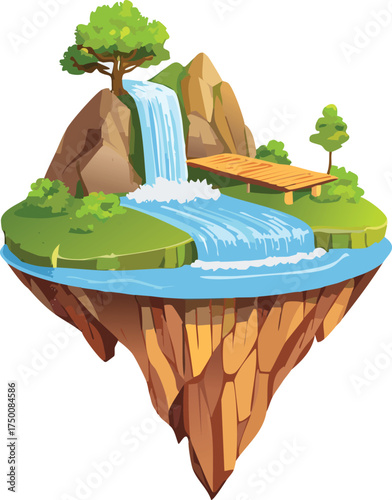 Enchanting Floating Island with Cascading Waterfall and a Charming Wooden Bridge