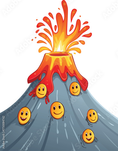 Friendly Cartoon Volcano Erupting Lava Shaped Like Smiley Faces in a Playful Illustration